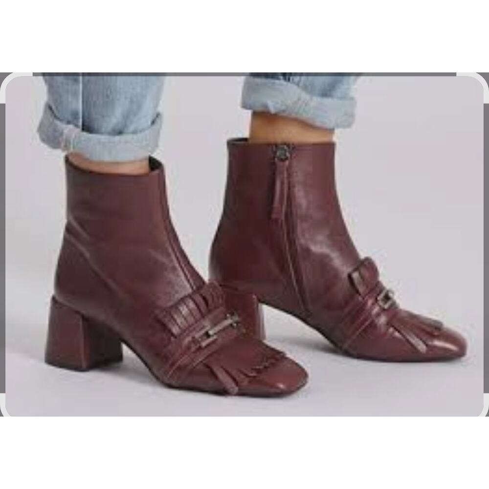 Topshop Burgundy Oxblood Square Toe Kiltie Oxford Stacked Heel Ankle Boots EU 40
